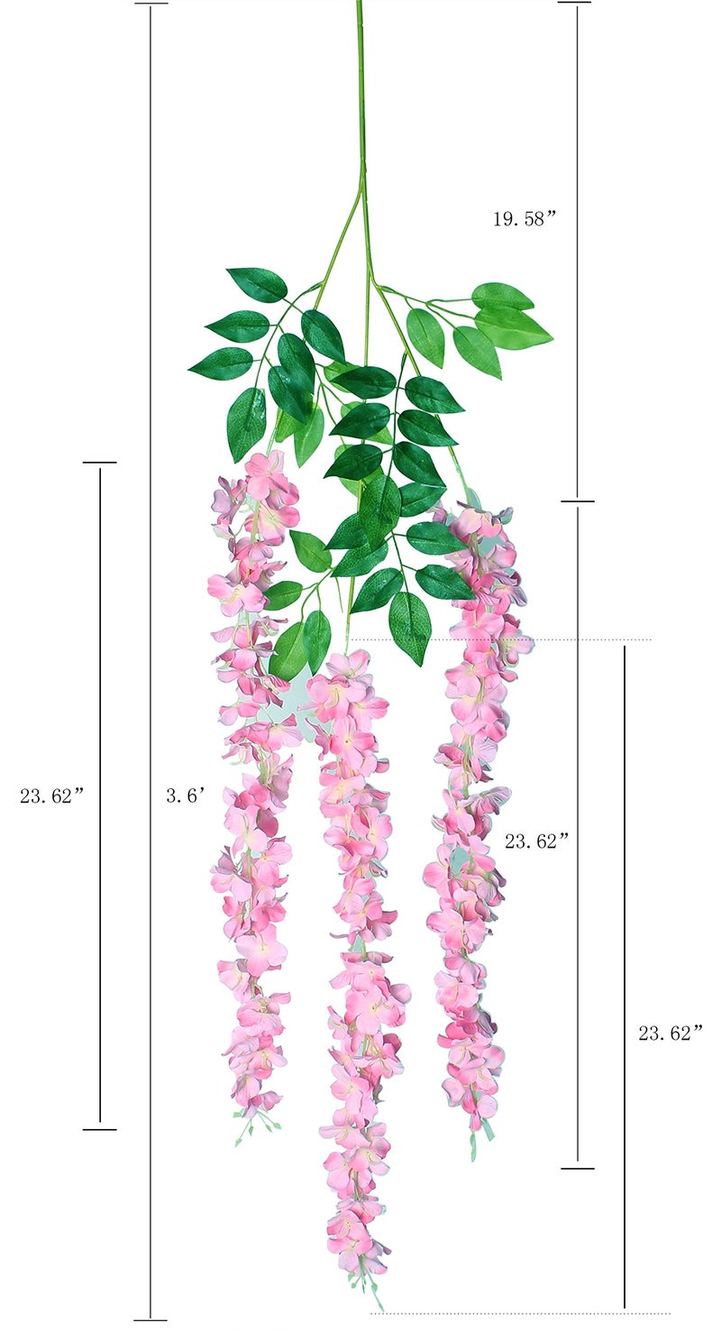 Duovlo 12 Piece Artificial Silk Wisteria Vine 3.6 Feet Ratta Hanging Flower Garland String Home Party Wedding Decor (Dark Pink) - Image 2